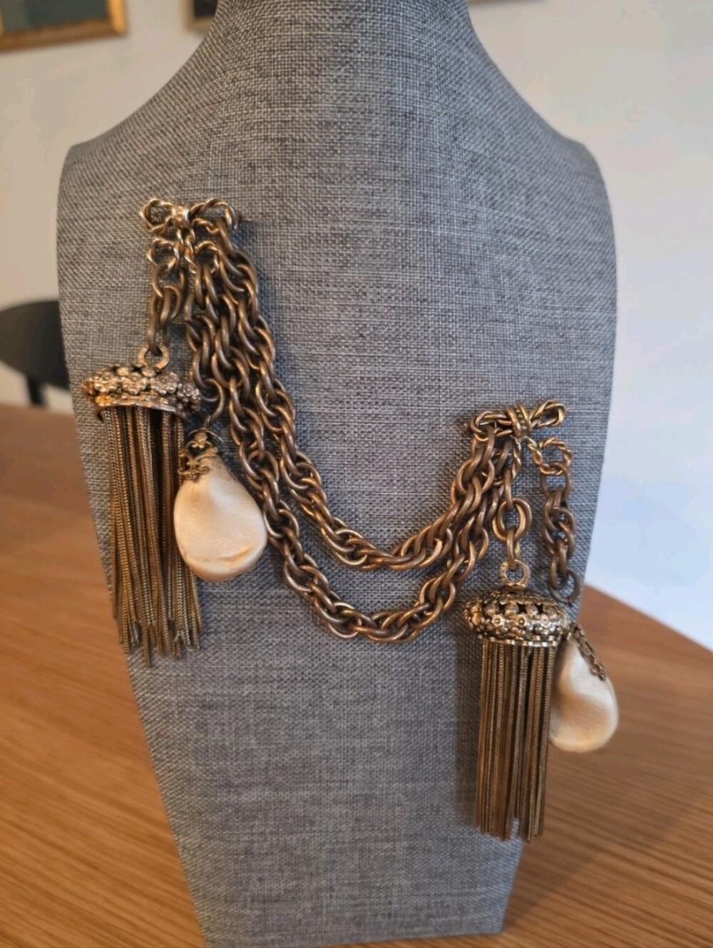 Vintage Adele Simpson Chatelaine Pin w Large Faux Pearls & Tassels Signed